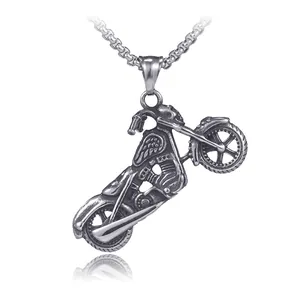 Hip hop vintage stainless steel necklace featuring a detailed motorcycle skull pendant