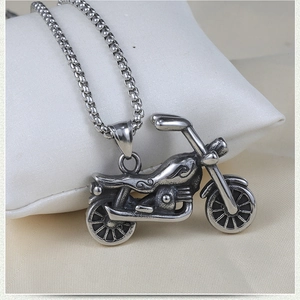 Retro stainless steel motorcycle pendant necklace with detailed mechanical engraving on beads chain