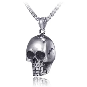 Vintage Gothic Stainless Steel Skull Pendant Necklace For Men Red Rhinestone Eye Hip Hop Punk Jewelry With Box Chain