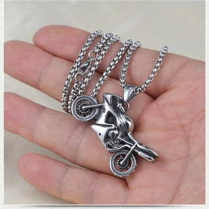 Retro stainless steel motorcycle pendant necklace with detailed mechanical engraving
