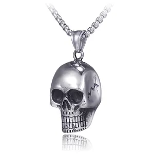 Gothic vintage stainless steel skull pendant necklace with square box chain in silver
