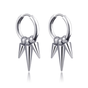 Polished stainless steel hoop earrings with punk style triple cone spikes and beads