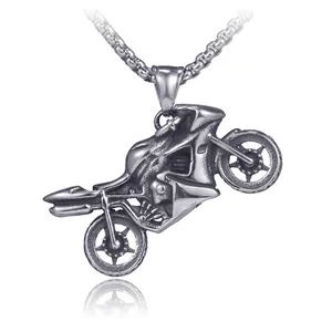 Retro Stainless Steel Motorcycle Pendant Necklace For Men Vintage Punk Hip Hop Biker Jewelry Antique Silver Motorbike Charm
