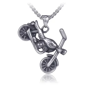 Vintage stainless steel motorcycle pendant necklace with detailed engine design