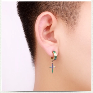 Rainbow plated stainless steel cross charm hoop earring worn on model ear