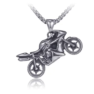 Vintage stainless steel motorcycle pendant necklace with high detail on silver box chain