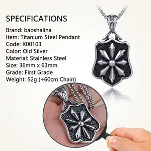 Detailed view of vintage silver cross shield pendant with star pattern and dimensions
