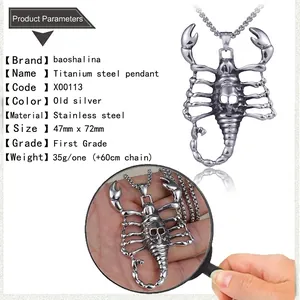 Détail macro du pendentif scorpion gothique en acier inoxydable avec motif de crâne