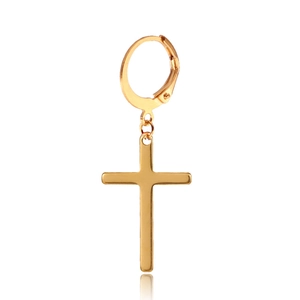 Gepolijste gouden roestvrijstalen ringoorbellen met een minimalistische kruis hanger