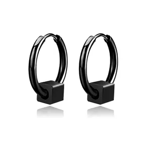 Boucles d'Oreilles Créoles avec Pendentif Cube Géométrique en Acier Inoxydable pour Hommes Femmes Street Hip Hop Bijoux