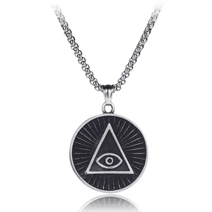 Collier hip hop vintage en acier inoxydable avec pendentif rond argenté œil de la providence
