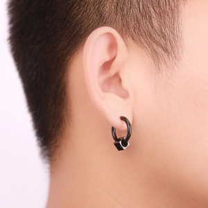 Boucles d'oreilles créoles noires pour hommes avec pendentif cube style hip-hop
