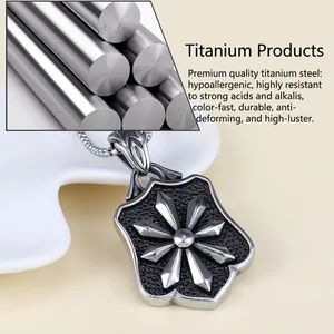 Close-up of titanium steel shield pendant with star pattern showing hypoallergenic material