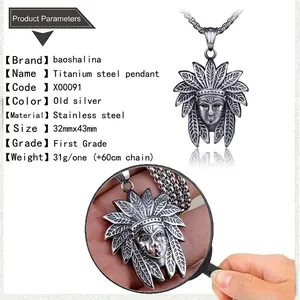 Detailed macro view of retro stainless steel Indian chief pendant with intricate feather details