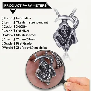 Detail shot of vintage silver grim reaper skull pendant with stainless steel chain