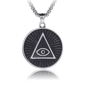 Collier rétro en acier inoxydable avec pendentif œil de la providence et fini argent