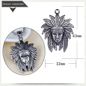 Detail view of Native American chief pendant with 43mm height and 32mm width dimensions