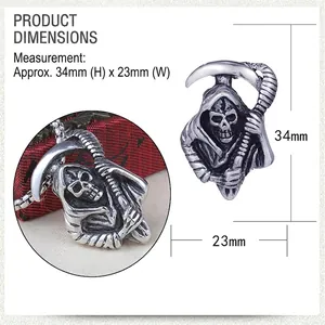 Detailed view of skull reaper pendant size showing 34mm height and 23mm width