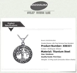 Detail of antique silver tree of life pendant in stainless steel with 54x46mm size