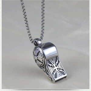 Vintage stainless steel whistle pendant necklace with intricate cross floral engraving