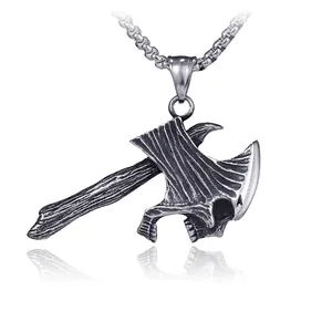 Retro Gothic Punk Stainless Steel Skull Axe Pendant Necklace Men Hip Hop Viking Battle Axe Jewelry Accessory Gift