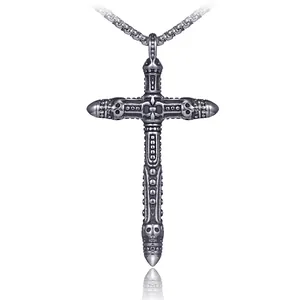 Collier Pendentif Croix en Acier Inoxydable Gothique Vintage pour Hommes Bijoux Punk Hip Hop Design de Crâne Cadeau Avec Chaîne Box