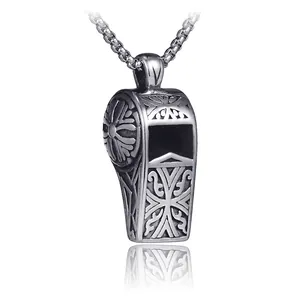Retro Stainless Steel Whistle Pendant Necklace With Cross Pattern Hip Hop Embossed Jewelry For Men Silver Neckpiece Gift