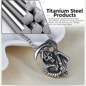 Macro detail of gothic grim reaper skull pendant in vintage black titanium steel finish