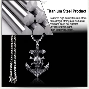 Collier aile en acier inoxydable vintage avec pendentif crâne et ancre pour homme
