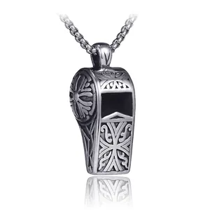 Retro stainless steel whistle pendant necklace with vintage floral engraving for men