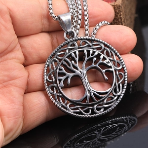 Vintage stainless steel Tree of Life pendant with Celtic knot pattern and pearl chain