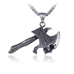 Retro gothic skull axe pendant necklace in distressed stainless steel on white backdrop
