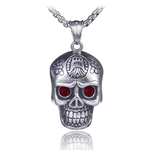 Collier tête de mort rétro hip-hop en acier inoxydable avec yeux en strass rouges