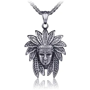 Retro Stainless Steel Indian Chief Head Pendant Necklace Men Hip Hop Tribal Jewelry Blackened Metal Warrior Portrait Headpiece