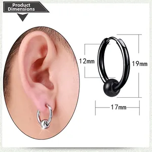 Detailed product size chart for stainless steel hoop earrings with bead in black and silver