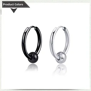 Polished stainless steel hoop earrings in black and silver finishes with metallic beads