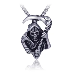 Stainless Steel Grim Reaper Skeleton Sickle Pendant Necklace For Men Retro Distressed Gothic Hip Hop Jewelry Accessory