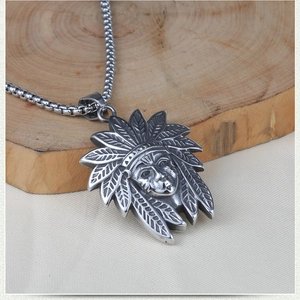 Retro stainless steel Indian chief pendant necklace with vintage silver square pearl chain