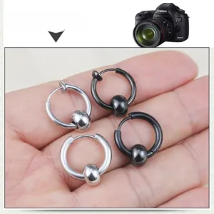 Polished stainless steel clip-on hoop earrings with bead in silver and black colors