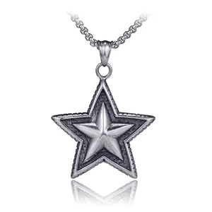 Vintage stainless steel pentagram pendant necklace with oxidized retro finish and cuban chain