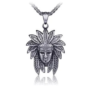 Vintage stainless steel native Indian chief head pendant necklace with silver link chain