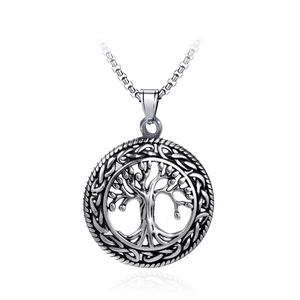Polished stainless steel Tree of Life pendant necklace with Celtic knot patterns