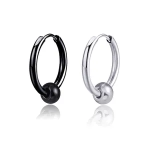Minimalist Stainless Steel Hoop Earrings With Movable Bead For Men Women Black Silver Color Punk Pierced Earring Clip On Jewelry
