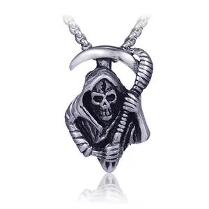 Gothic Grim Reaper scythe pendant in vintage stainless steel on a curb chain necklace