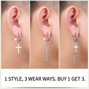 Boucles d'oreilles homme en acier avec croix et chaîne, trois styles de portage