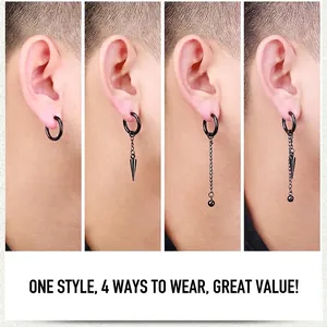 Titanium steel tassel chain earrings set with four versatile wearing styles for men