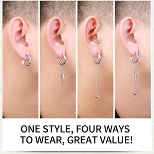Close-up of silver titanium steel earrings showing four versatile styling combinations