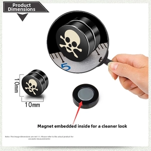 Detailed view of 10mm black magnetic skull earring with internal magnet and size specifications