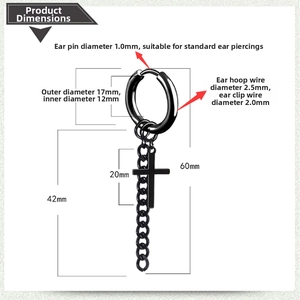 Spécifications de taille pour la boucle d'oreille en acier noir avec croix et chaîne