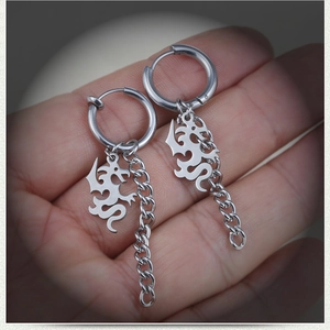 Pendientes punk de acero inoxidable con dragón y cadena cubana para hombre y mujer